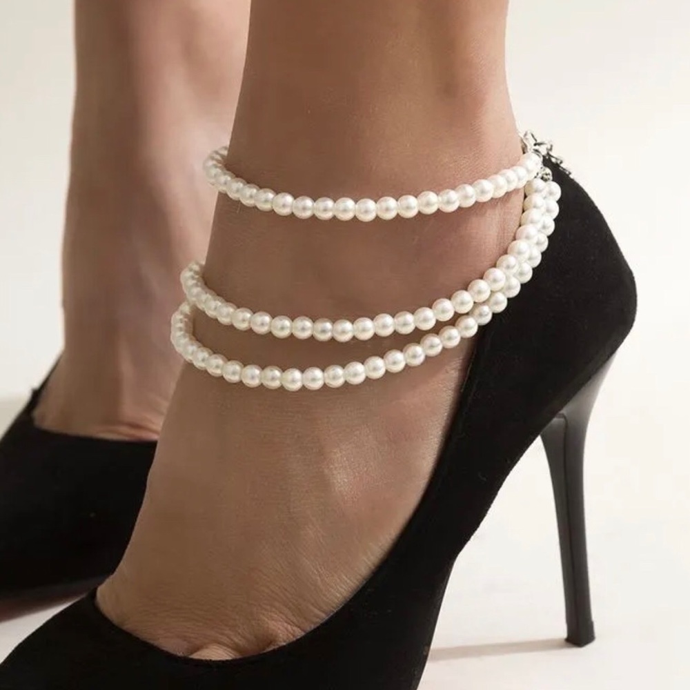 New 2Pc Tri Layered Imitation Pearl Anklet Set